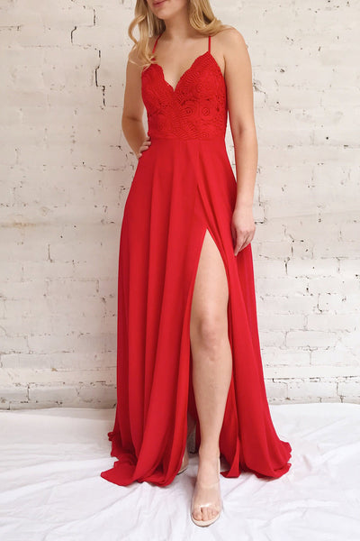 Chantay Red A-Line Maxi Dress w/ Lace | Boutique 1861 model look