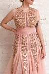 Cynosura Pink & Taupe Mesh Embroidered Maxi Dress | Boutique 1861 model close up