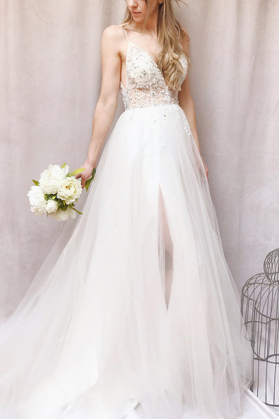 Eligia White Tulle A-Line Bridal Dress with Slit | Boudoir 1861 model_face