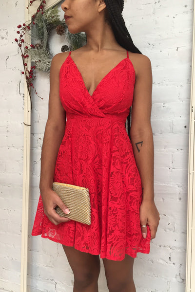Gavina Red Lace A-Line Party Dress | Boutique 1861 on model