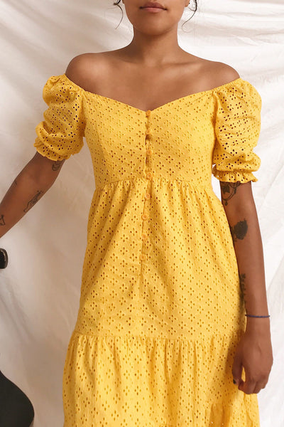 Gloria Yellow A-Line Openwork Midi Dress | Boutique 1861 on model 1