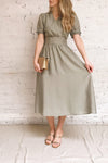 Gretta Sage Short Sleeve Midi A-Line Dress | Boutique 1861 on model