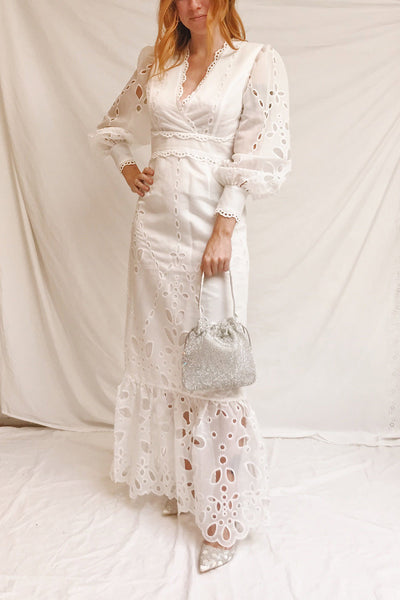 Hamadryas White Openwork Maxi Bridal Dress | Boudoir 1861 on model