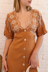 Jodie Camel Orange Button-Up Midi Dress | Boutique 1861 model close up