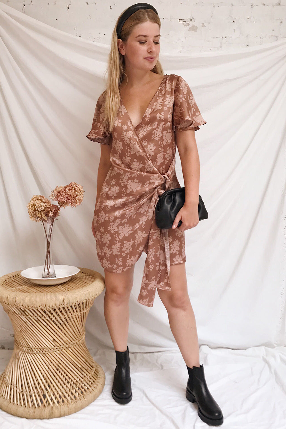 Julitta Bronze Silky Floral Wrap Dress | Boutique 1861 on model