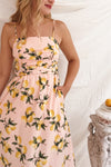 Kamala Pink Lemon Print A-Line Midi Dress | Boutique 1861 on model