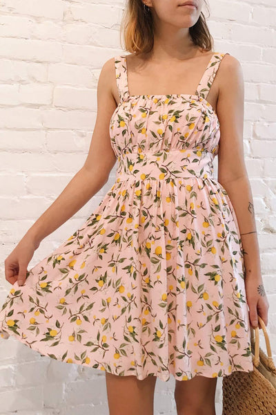 Kudowa Pink Lemon Print Flared Short Dress | Boutique 1861 model close up