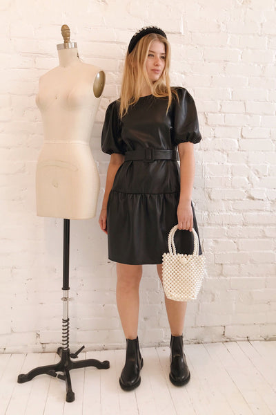 Limassol Black Faux-Leather Short Dress | La petite garçonne model look