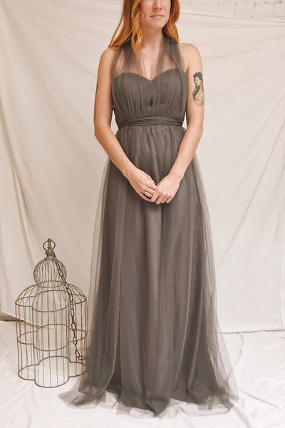 Linaya Charcoal Draped Bustier Empire Gown | Boudoir 1861 on model