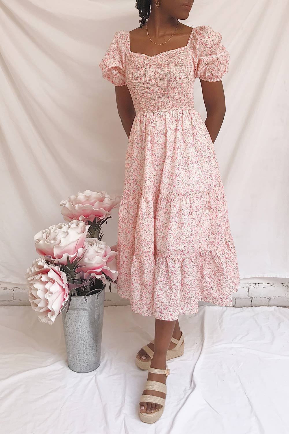 Mizuki Pink Floral Tiered A-Line Midi Dress | Boutique 1861 on model