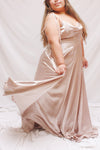 Moira Sand Cowl Neck Satin Maxi Dress w/ High Slit | Boutique 1861 model
