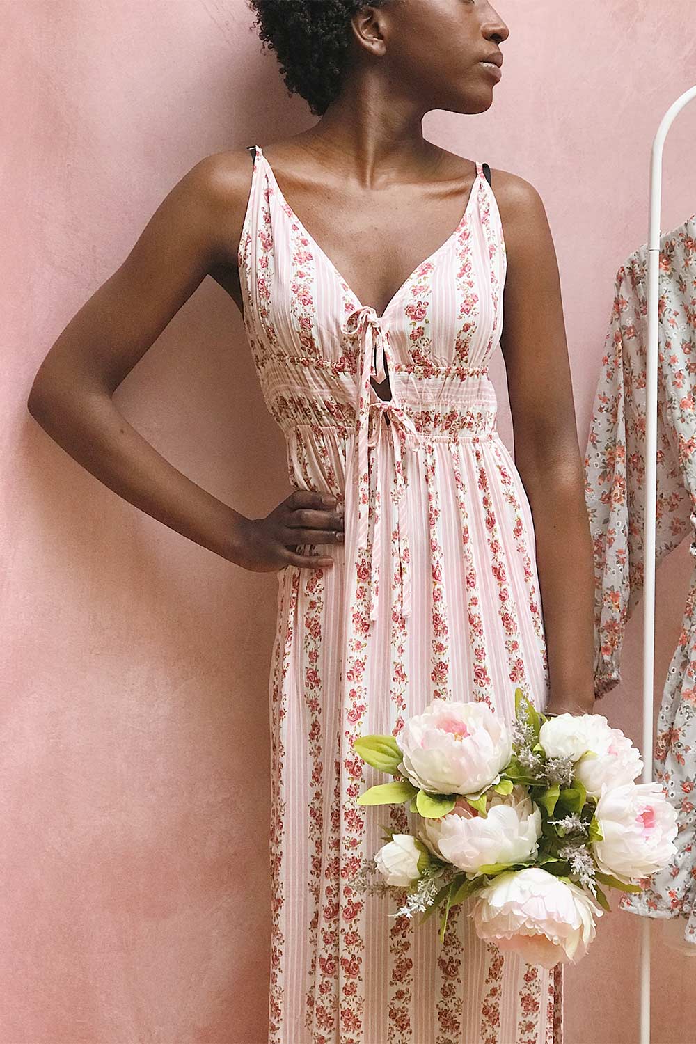 Sanmu Pink Thin Straps Floral Maxi Dress | Boutique 1861 on model