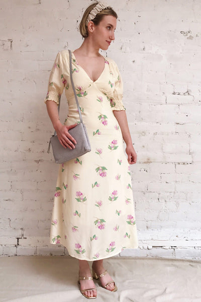 Selen Cream Floral V-Neck Midi Dress | Boutique 1861 model look