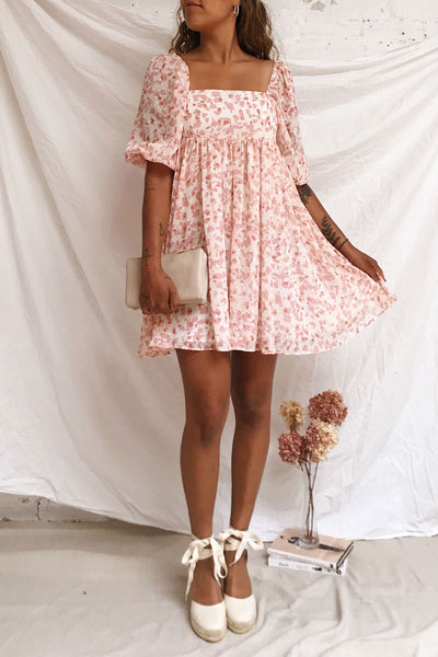 Taraneh White & Pink Short Chiffon Dress | Boutique 1861 on model