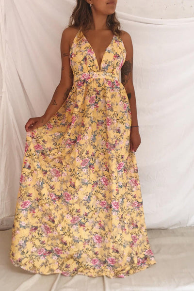 Thuriane Yellow Floral Lace Openwork Maxi Dress | Boutique 1861 model look