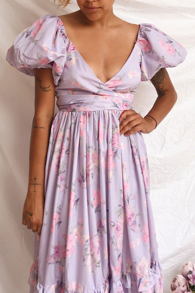 Zandria Lilac Floral Puffy Sleeve Maxi Dress | Boutique 1861 model close up