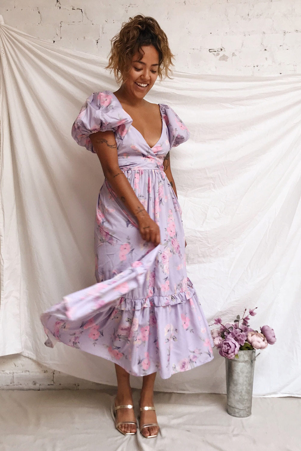 Zandria Lilac Floral Puffy Sleeve Maxi Dress | Boutique 1861 on model