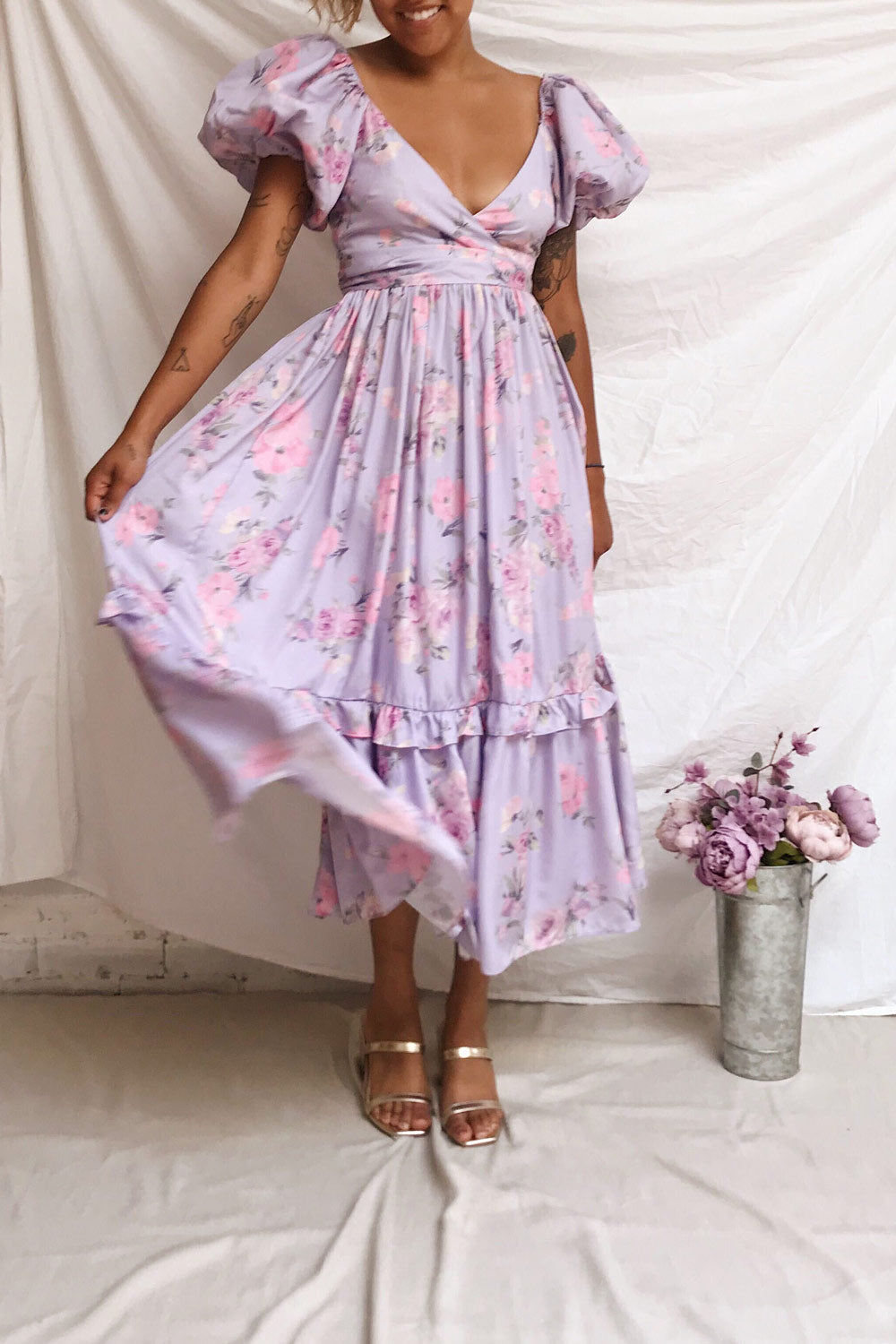 Zandria Lilac Floral Puffy Sleeve Maxi Dress | Boutique 1861 model look