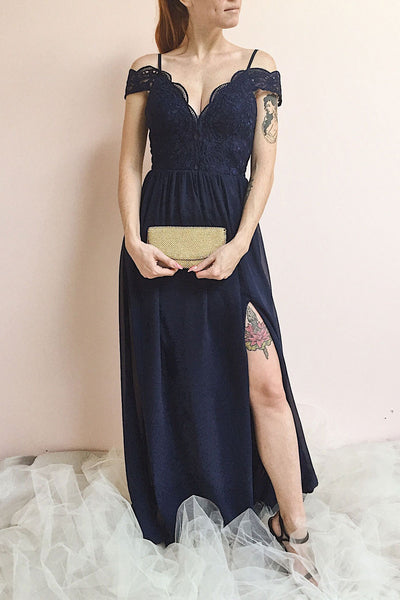 Dulcea Navy Chiffon Off-Shoulder Gown | Robe | Boutique 1861 on model