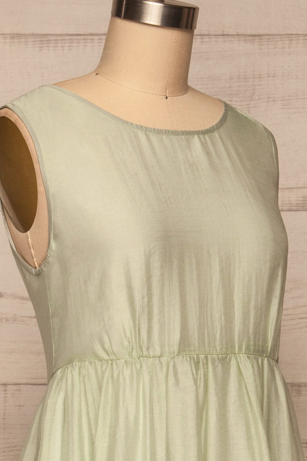 Duleek Sage Green A-Line Midi Dress side close up | La petite garçonne
