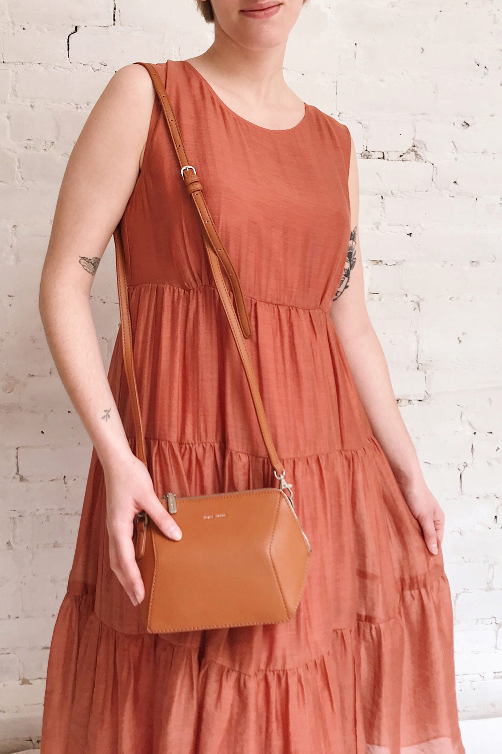 Duleek Orange A-Line Midi Dress | La petite garçonne on model