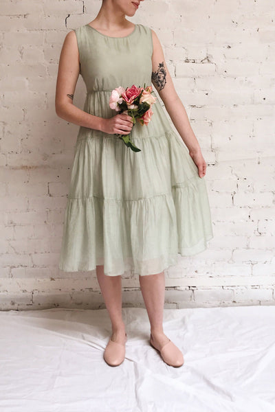 Duleek Sage Green A-Line Midi Dress | La petite garçonne model look