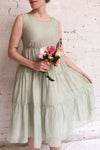 Duleek Sage Green A-Line Midi Dress | La petite garçonne on model