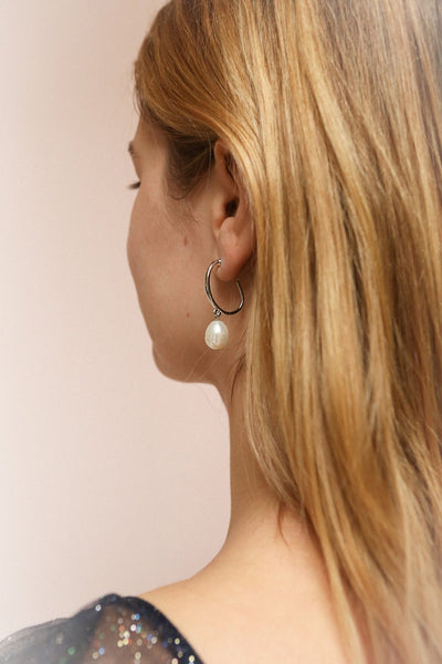 Dulka Argent Silver & Pearl Hoop Pendant Earrings | La Petite Garçonne on model with blond hair