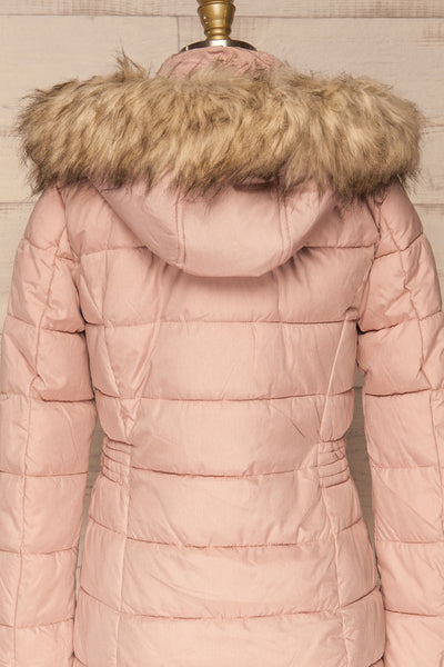 Dumfries Light Pink Parka Coat with Faux Fur Hood | La Petite Garçonne back close-up