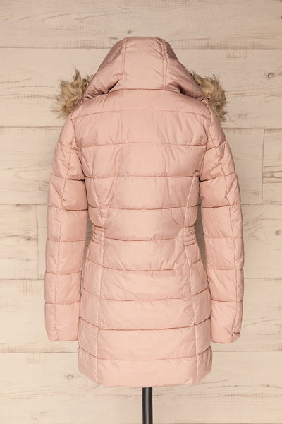 Dumfries Light Pink Parka Coat with Faux Fur Hood | La Petite Garçonne back view hood