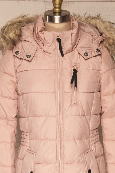 Dumfries Light Pink Parka Coat with Faux Fur Hood | La Petite Garçonne front close-up