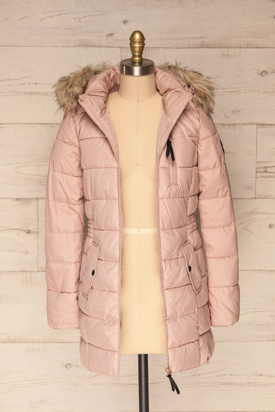 Dumfries Light Pink Parka Coat with Faux Fur Hood | La Petite Garçonne  front view open