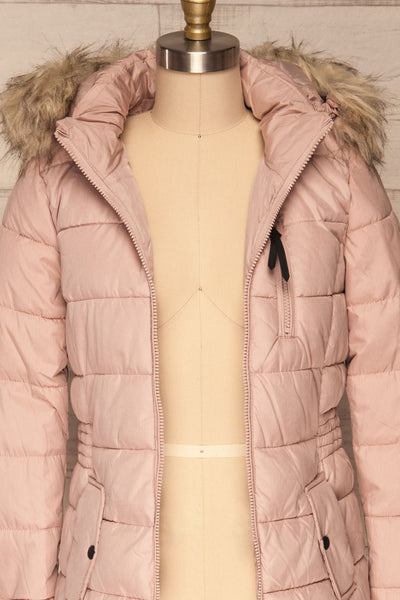 Dumfries Light Pink Parka Coat with Faux Fur Hood | La Petite Garçonne front close-up open