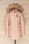 Dumfries Light Pink Parka Coat with Faux Fur Hood | La Petite Garçonne front view hood