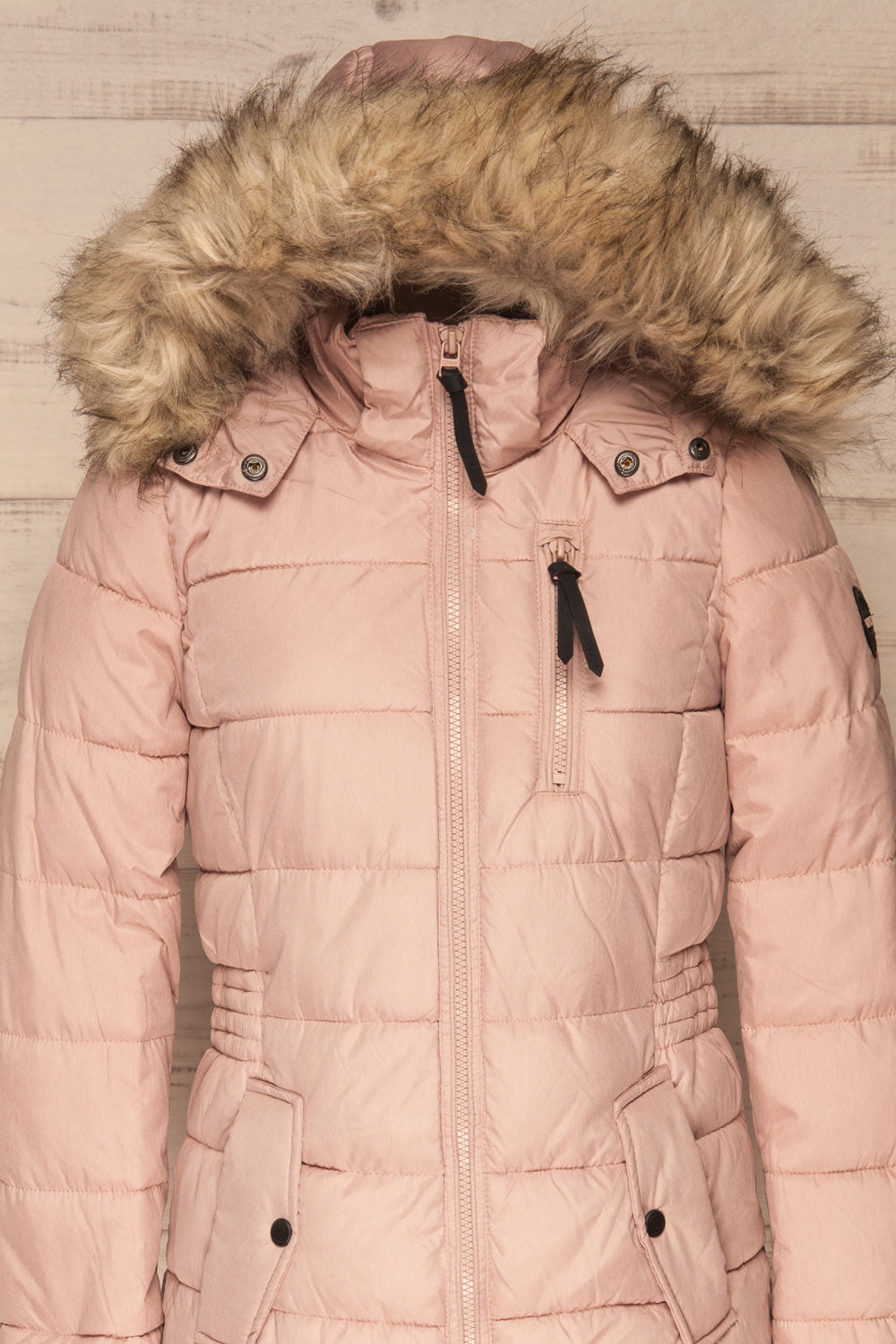 Dumfries Light Pink Parka Coat with Faux Fur Hood | La Petite Garçonne front close-up hood 