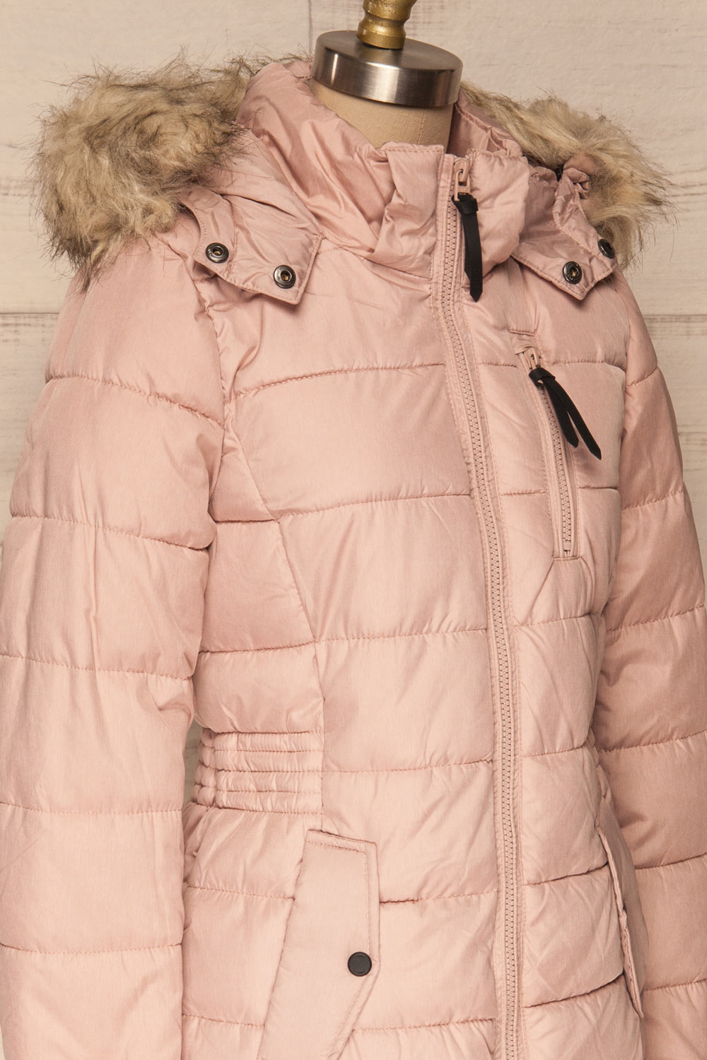 Dumfries Light Pink Parka Coat with Faux Fur Hood | La Petite Garçonne side close-up