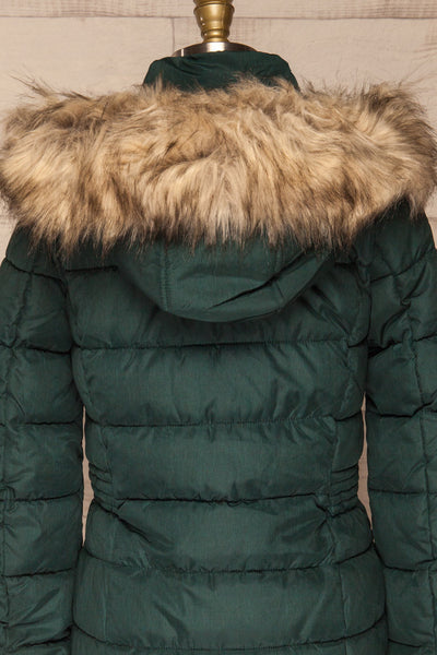 Dumfries Vert Green Parka Coat with Faux Fur Hood | La Petite Garçonne back close-up