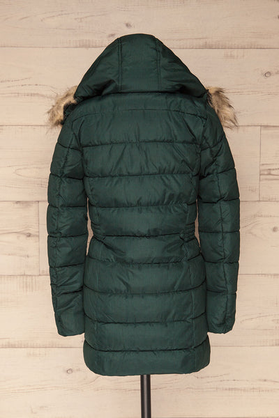 Dumfries Vert Green Parka Coat with Faux Fur Hood | La Petite Garçonne back view hood