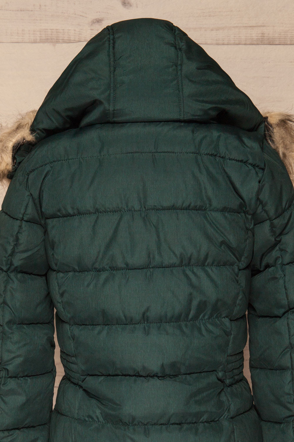 Dumfries Vert Green Parka Coat with Faux Fur Hood | La Petite Garçonne back close-up fur 