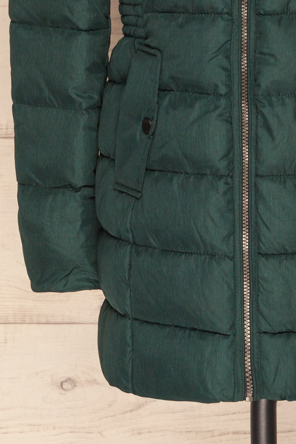 Dumfries Vert Green Parka Coat with Faux Fur Hood | La Petite Garçonne bottom close-up