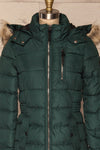 Dumfries Vert Green Parka Coat with Faux Fur Hood | La Petite Garçonne front close-up