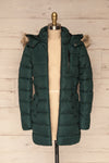 Dumfries Vert Green Parka Coat with Faux Fur Hood | La Petite Garçonne front view open