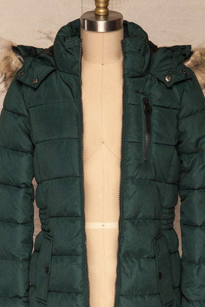 Dumfries Vert Green Parka Coat with Faux Fur Hood | La Petite Garçonne front close-up open
