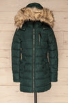 Dumfries Vert Green Parka Coat with Faux Fur Hood | La Petite Garçonne front view hood