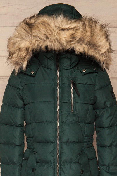 Dumfries Vert Green Parka Coat with Faux Fur Hood | La Petite Garçonne front close-up hood
