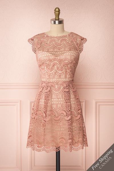 Dunyazade Pink Short Lace Dress w/ Open Back | Boudoir 1861 front view FS