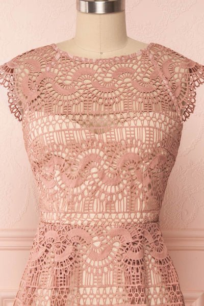 Dunyazade Pink Short Lace Dress w/ Open Back | Boudoir 1861 front close up