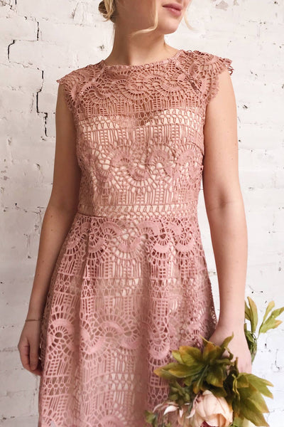 Dunyazade Pink Short Lace Dress w/ Open Back | Boudoir 1861 model close up