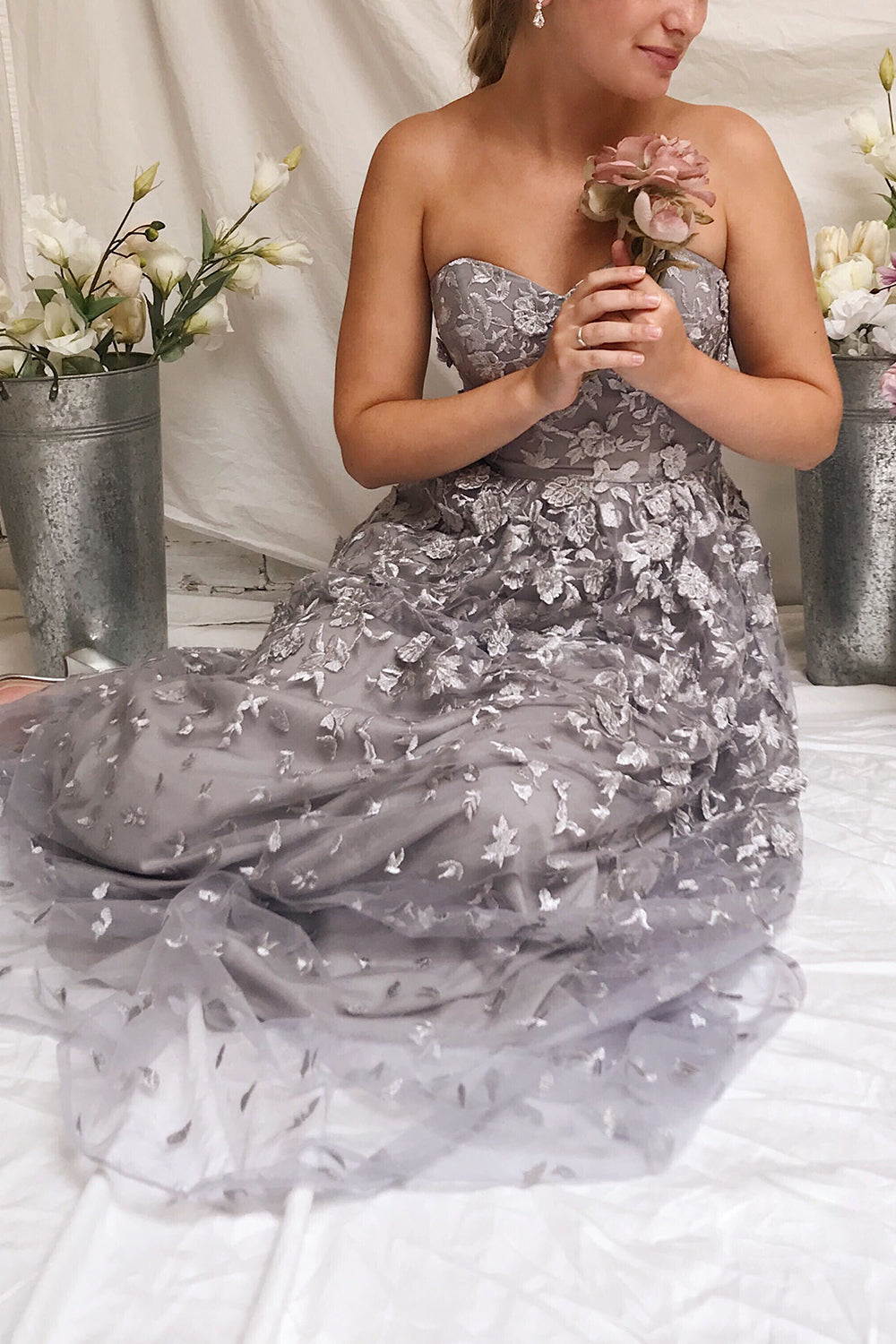 Terese Grey Floral A-Line Bustier Gown