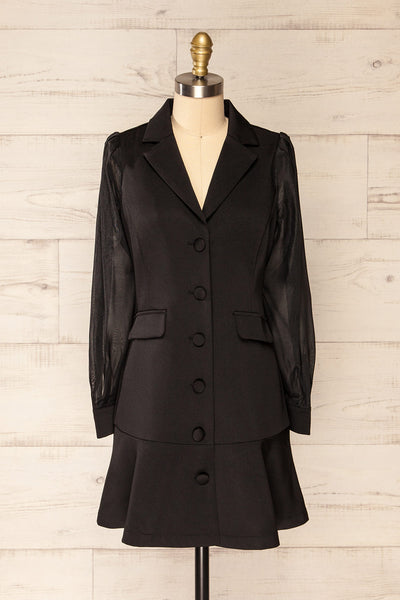 Ebbra Black Blazer Dress w/ Sheer Sleeves | La petite garçonne front view